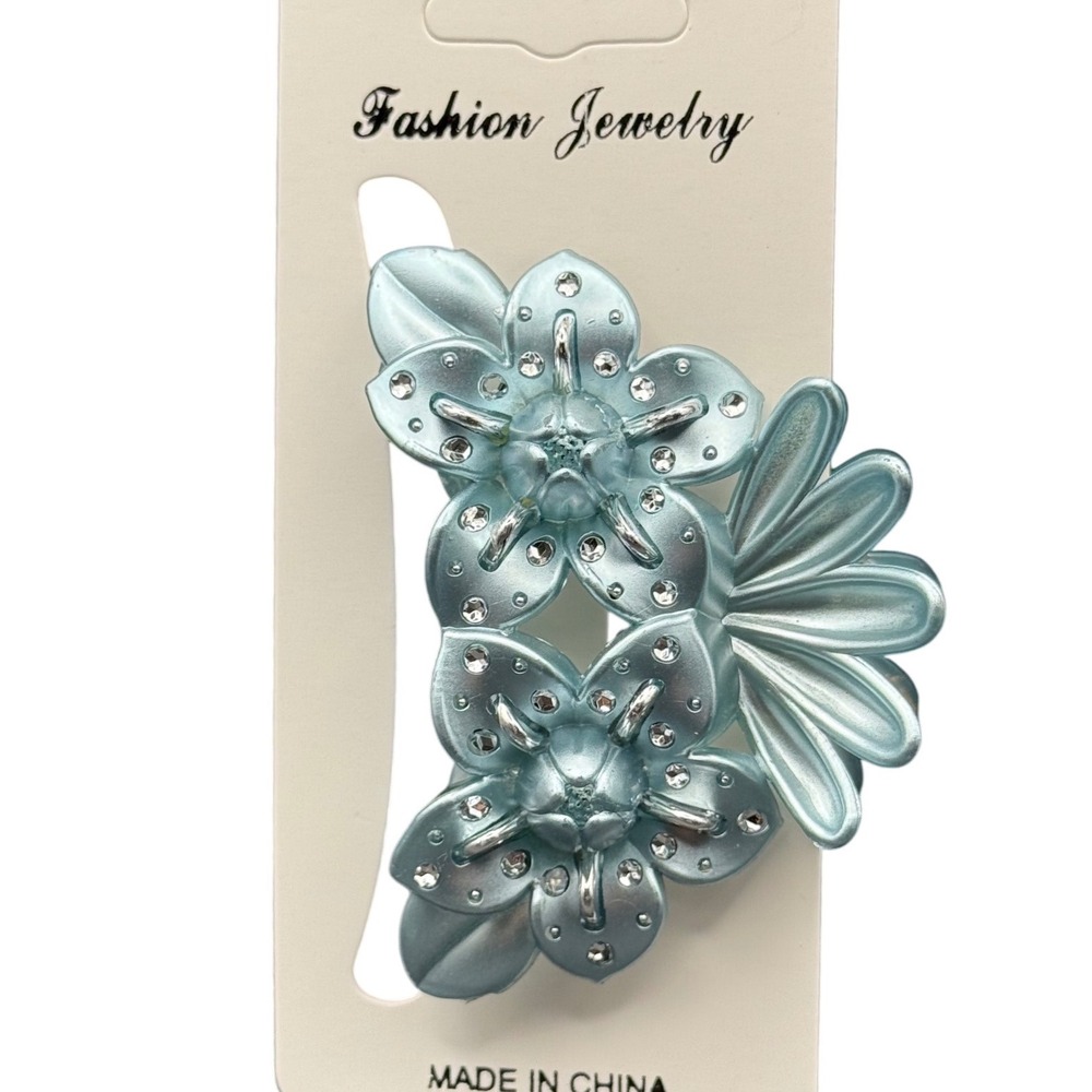 Fashion Jewelry Light Blue Metallic Floral Hair Claw Clip with Rhinestones